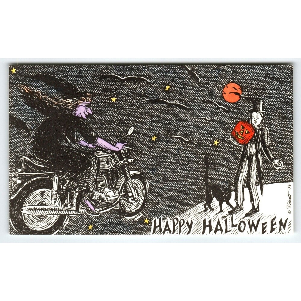Halloween Postcard Witch On Motorcycle Moon Bats Black Cat Flying Rabbit 1993